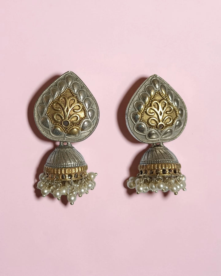 Vintage Avni Dual-Tone Leaf Stud Jhumka Earrings