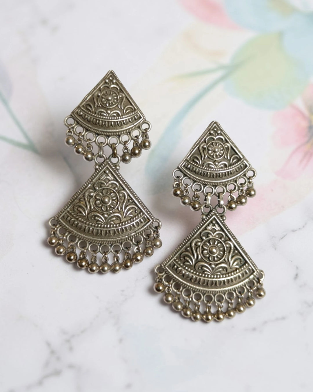 Artisan Engraved Divs Silver Geometric Drop Earrings