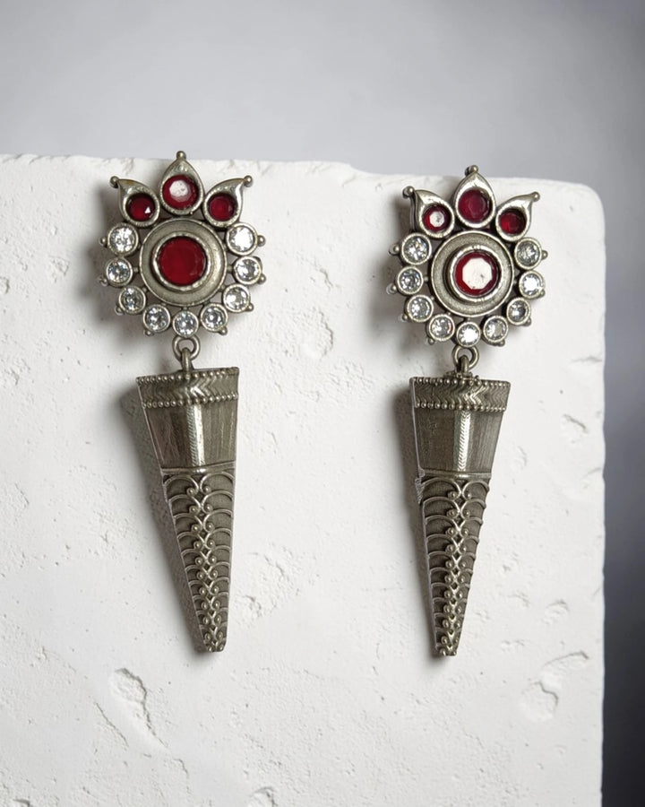 Artisian Vanya Ruby-Red Stone Silver-Plated Flower Earrings