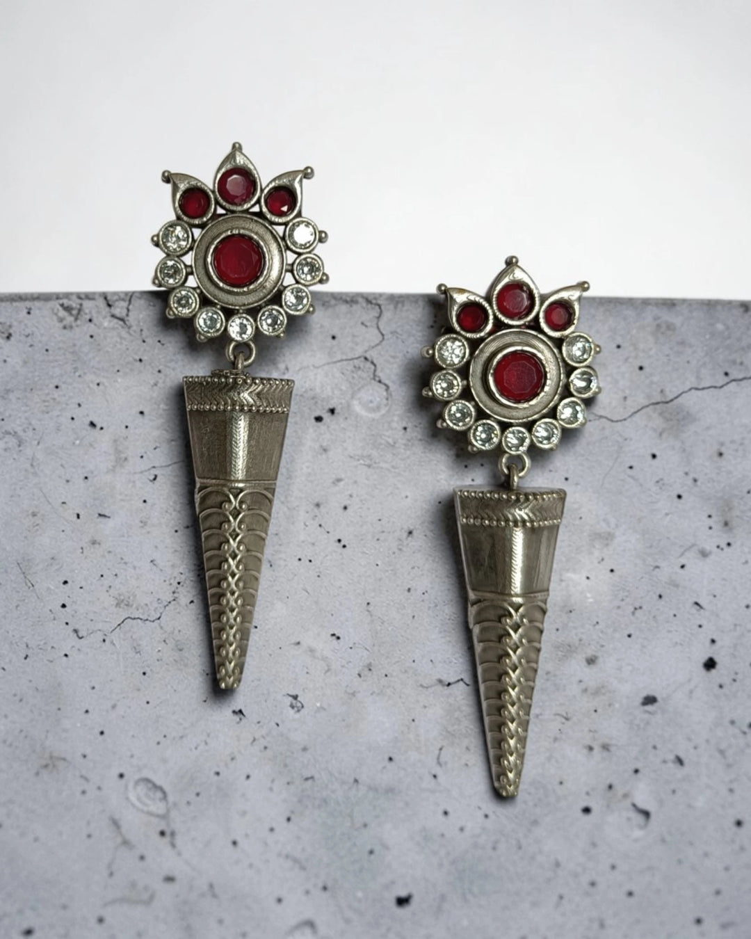 Artisian Vanya Ruby-Red Stone Silver-Plated Flower Earrings