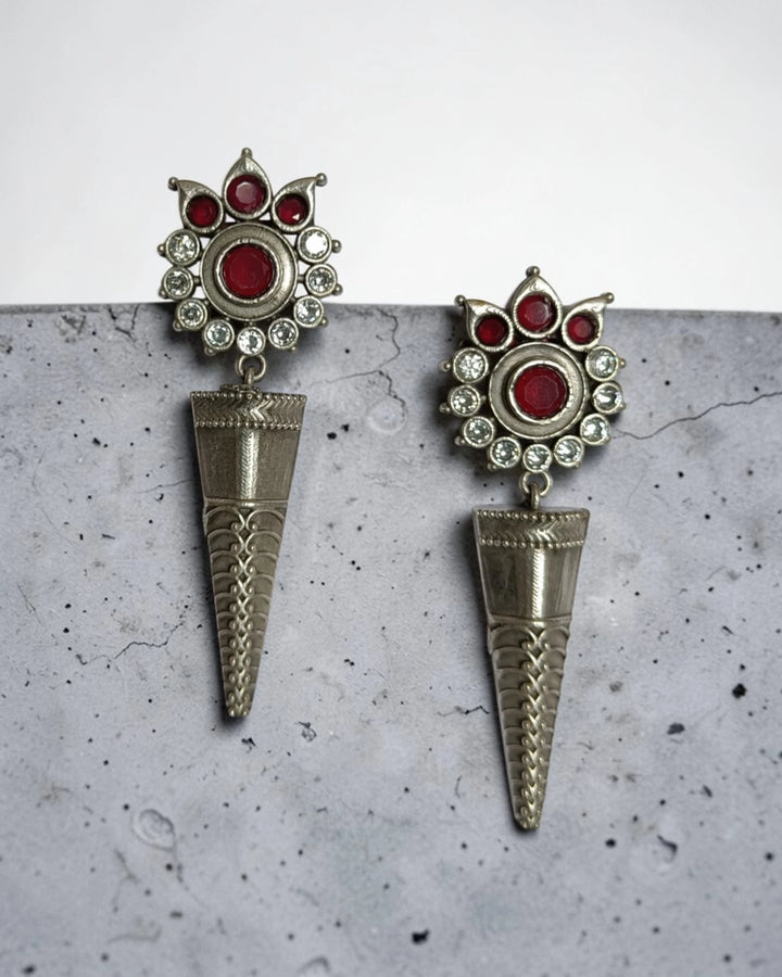 Artisian Vanya Ruby-Red Stone Silver-Plated Flower Earrings