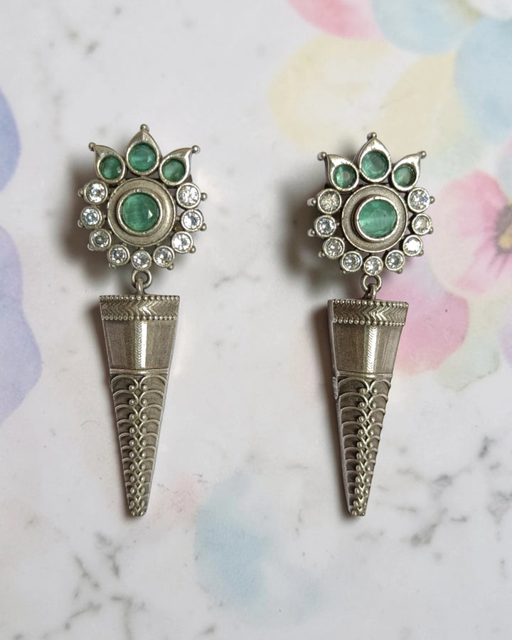 Artisian Vanya Sea Green Stone Silver-Plated Flower Earrings