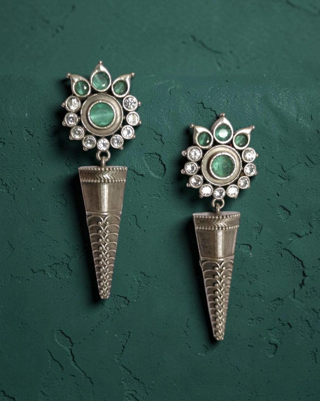 Artisian Vanya Sea Green Stone Silver-Plated Flower Earrings