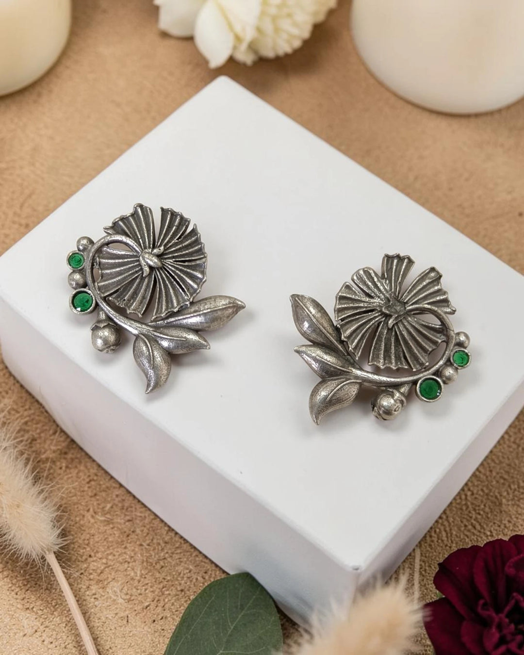 Antique Silver-Plated Fan Flower Rivka Green Stud Earrings