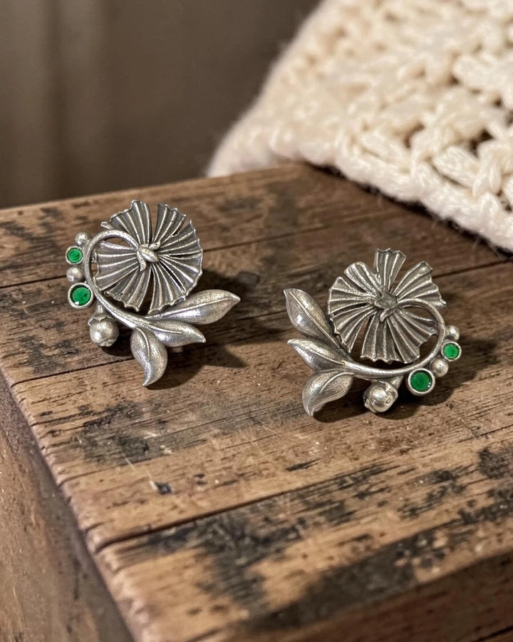 Antique Silver-Plated Fan Flower Rivka Green Stud Earrings