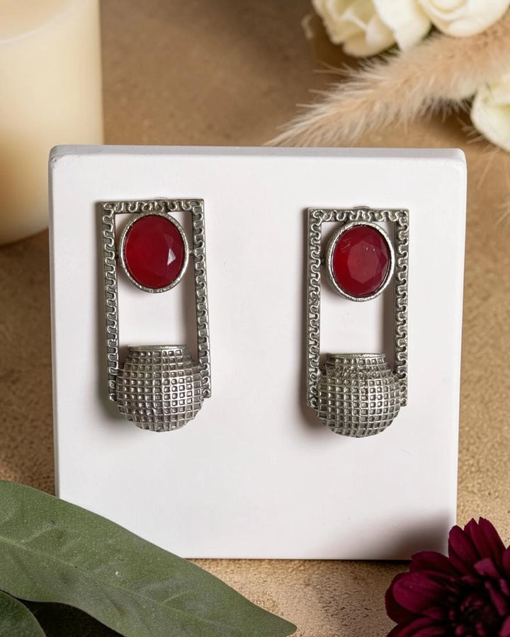 Geometric Silver Oxidized Ahava Stud Earrings
