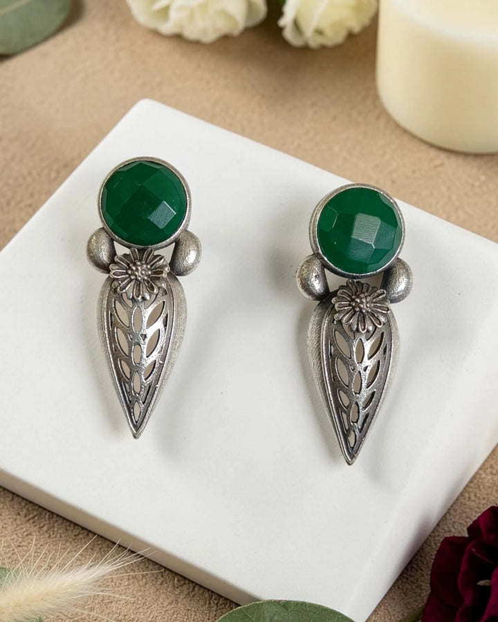 Emerald Green & Silver Oxidized Teardrop Stud Earrings Adinah