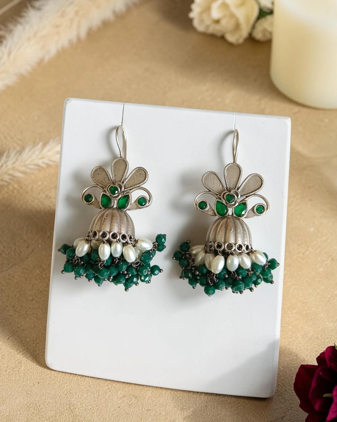 Green beaded silver jhumka earrings lifestyle – handcrafted ethnic jewellery by TelaNaari