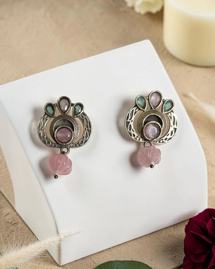 Silver Oxidised Multi-Stone Small Stud Earrings