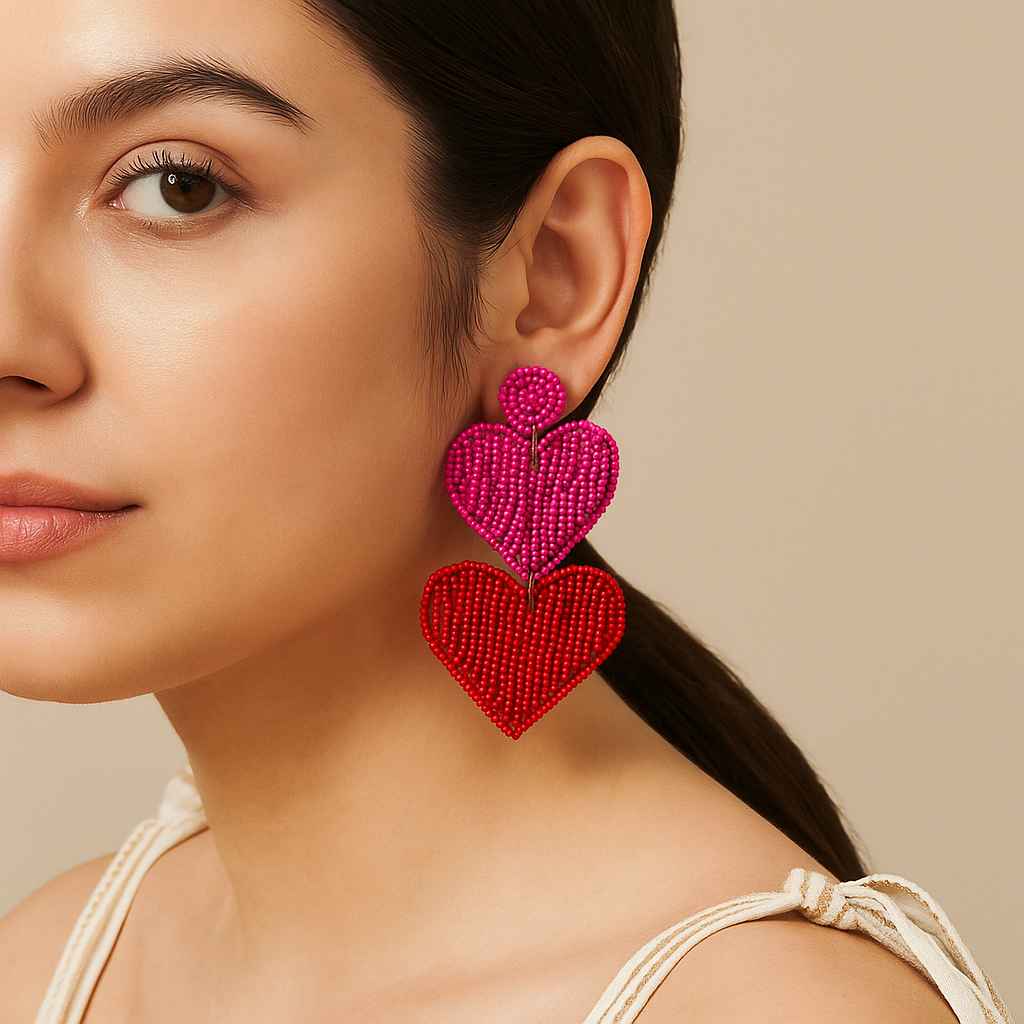 Tela Naari Handcrafted Double Heart Beaded Earrings - TelaNaari