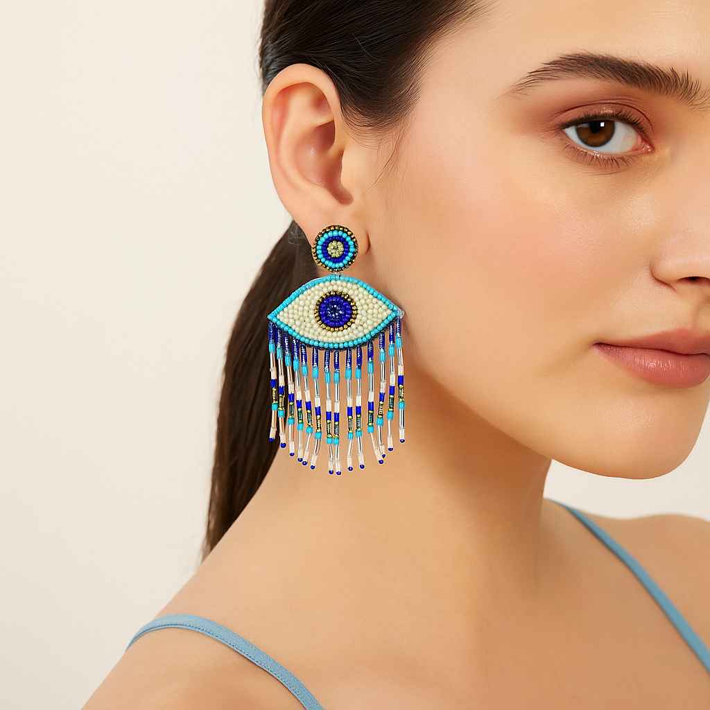 Tela Naari Handcrafted Evil Eye Beaded Fringe Earrings – Boho Luxe Statement Jewellery - TelaNaari