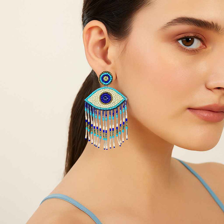 Tela Naari Handcrafted Evil Eye Beaded Fringe Earrings – Boho Luxe Statement Jewellery - TelaNaari