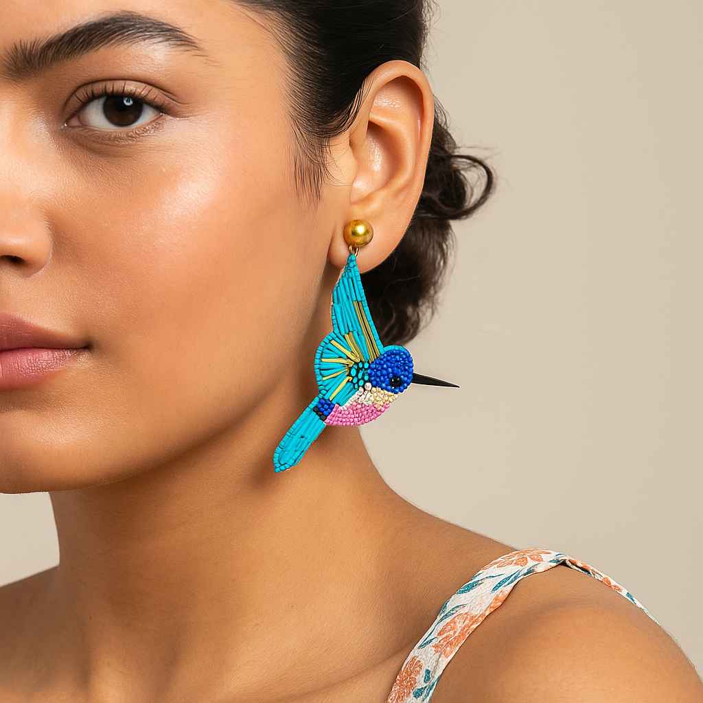 Tela Naari Hummingbird Beaded Earrings – Handcrafted Boho Statement Jewellery - TelaNaari