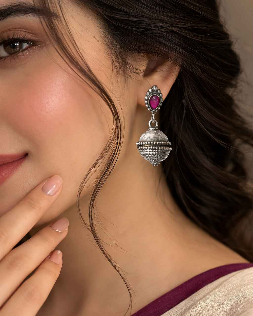 Tela Naari Chadni Silver Oxidised Bell Drop Earrings