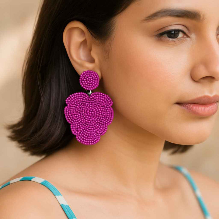 Tela Naari Fuchsia Leaf Beaded Earrings – Handmade Statement Jewellery - TelaNaari