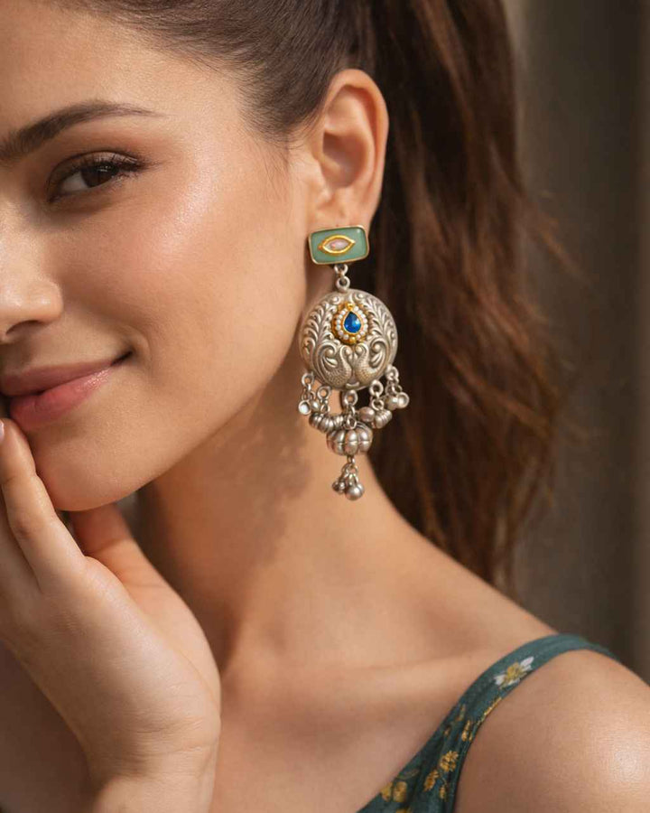 Charvi Silver Oxidised Peacock Charm Drops