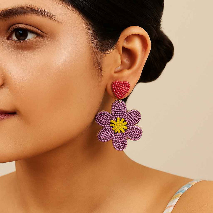 Tela Naari Purple Floral Beaded Earrings – Handmade Statement Jewellery - TelaNaari