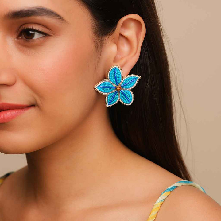 Tela Naari Handcrafted Blue Beaded Floral Earrings – Statement Studs - TelaNaari