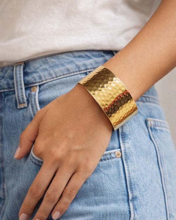Tarnish-free wide hammered brass cuff bracelet lifestyle – anti-tarnish jewellery by TelaNaari