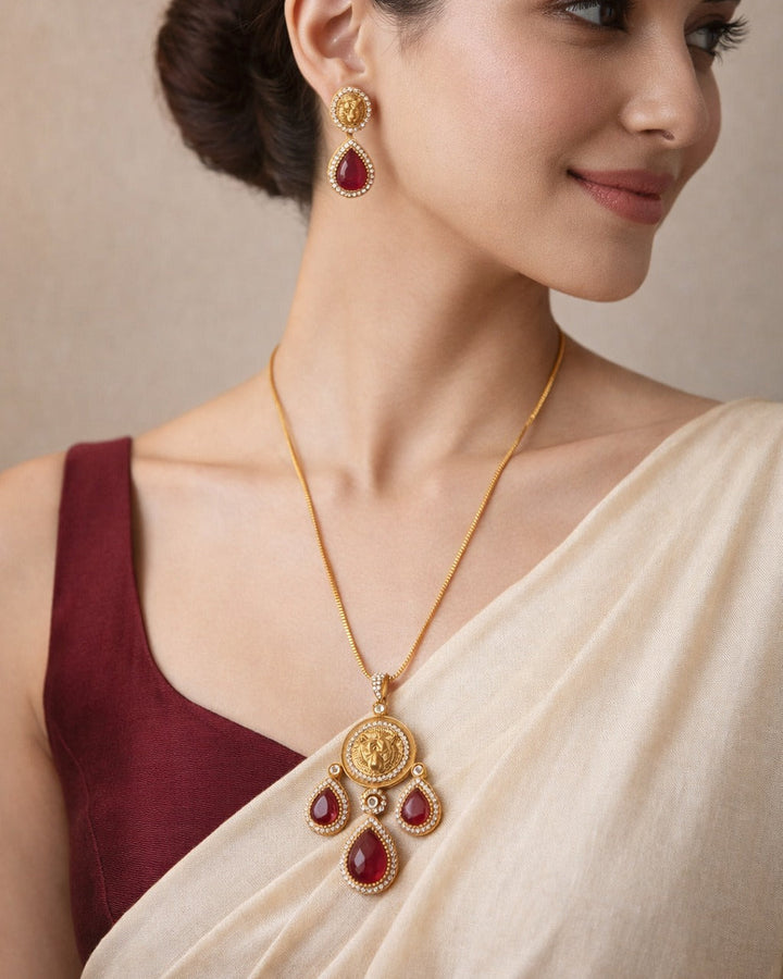 Premium Party Gold & Ruby Red Stone Necklace Set