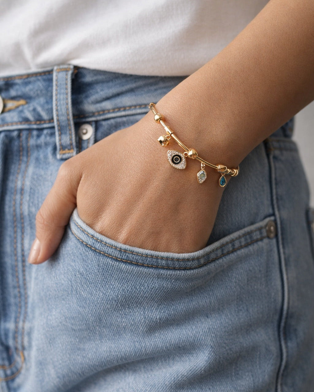 Evil Eye Gold Bracelet with Crystal Charms