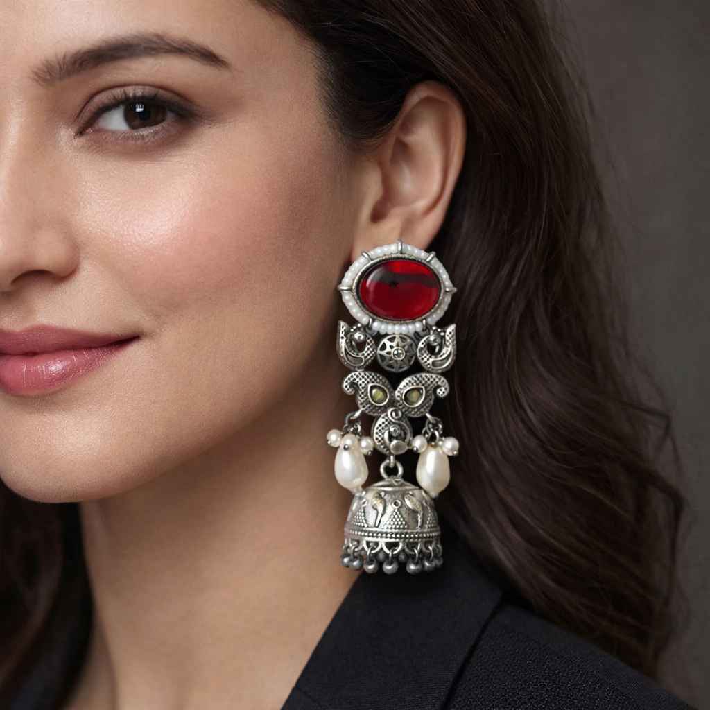 Bhavya Silver Oxidised Jhumka Earrings