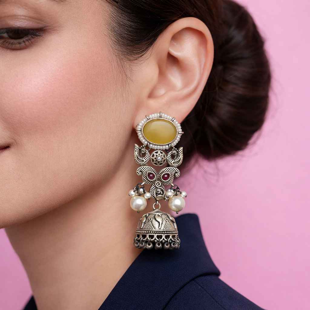 Bhavya Silver Oxidised Jhumka Earrings