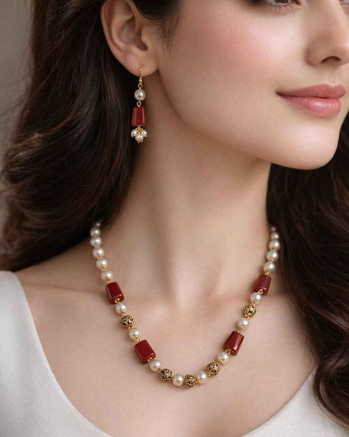 Elegant Girisha Maroon And White Necklace Pearl Mala