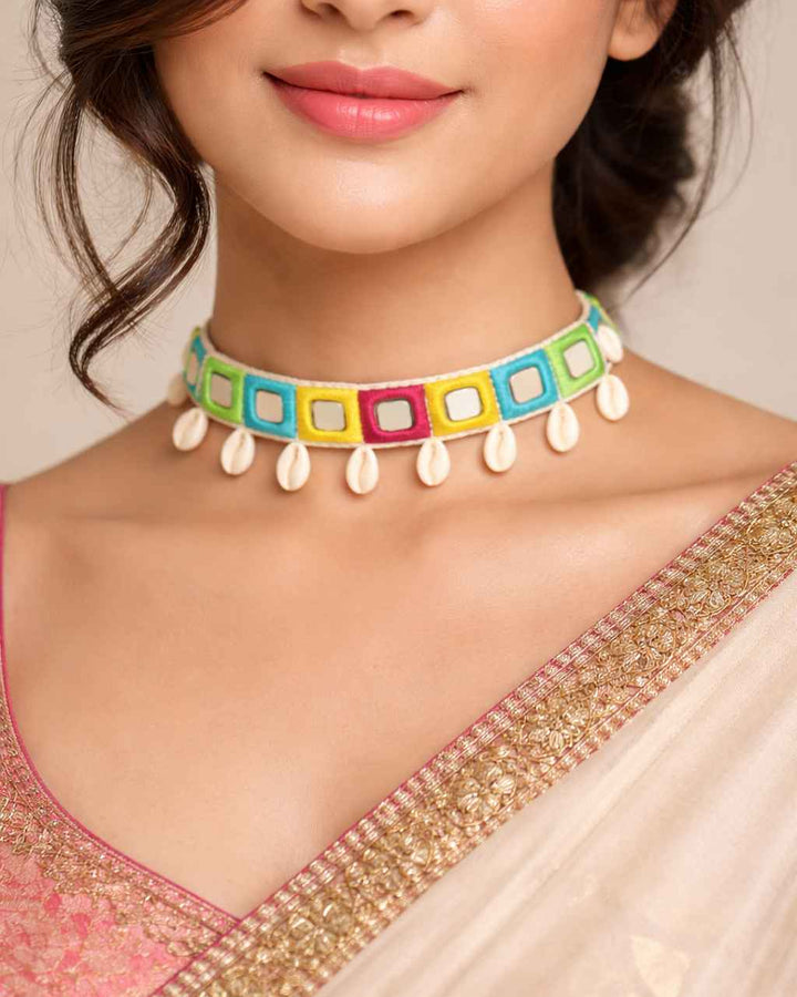 Tela Naari Necklace Pastel Multicolor Cowrie Shell Fabric Choker