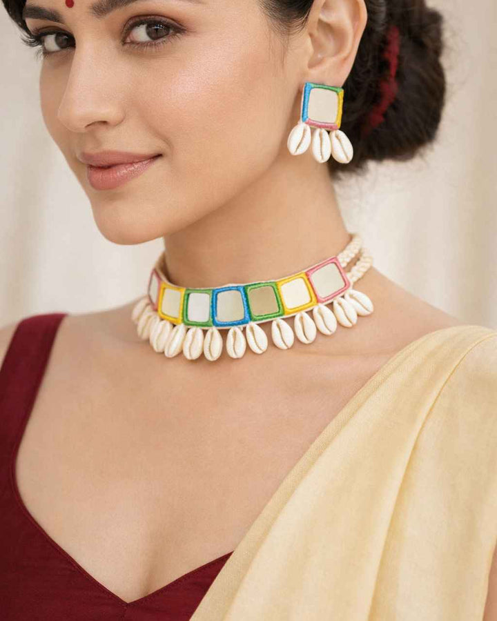 Tela Naari Necklace Handmade Colorful Cowrie Mirror Choker Set