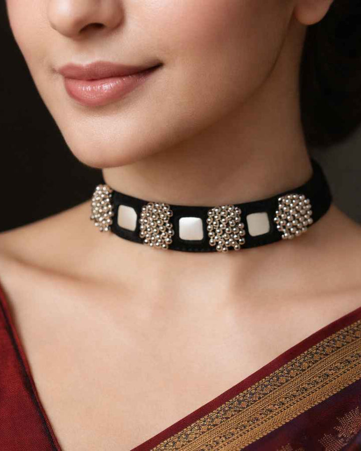 TelaNaari Necklace Black Mirror Beaded Handmade Choker