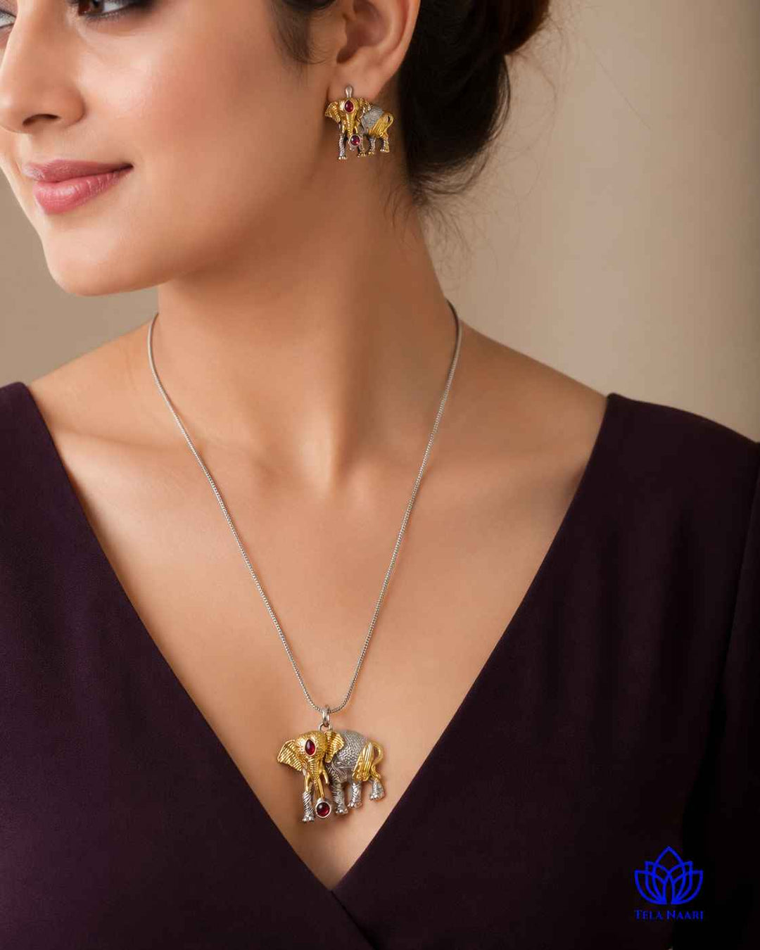 Akshara Elephant Silver Plated Red Stone Necklace Set