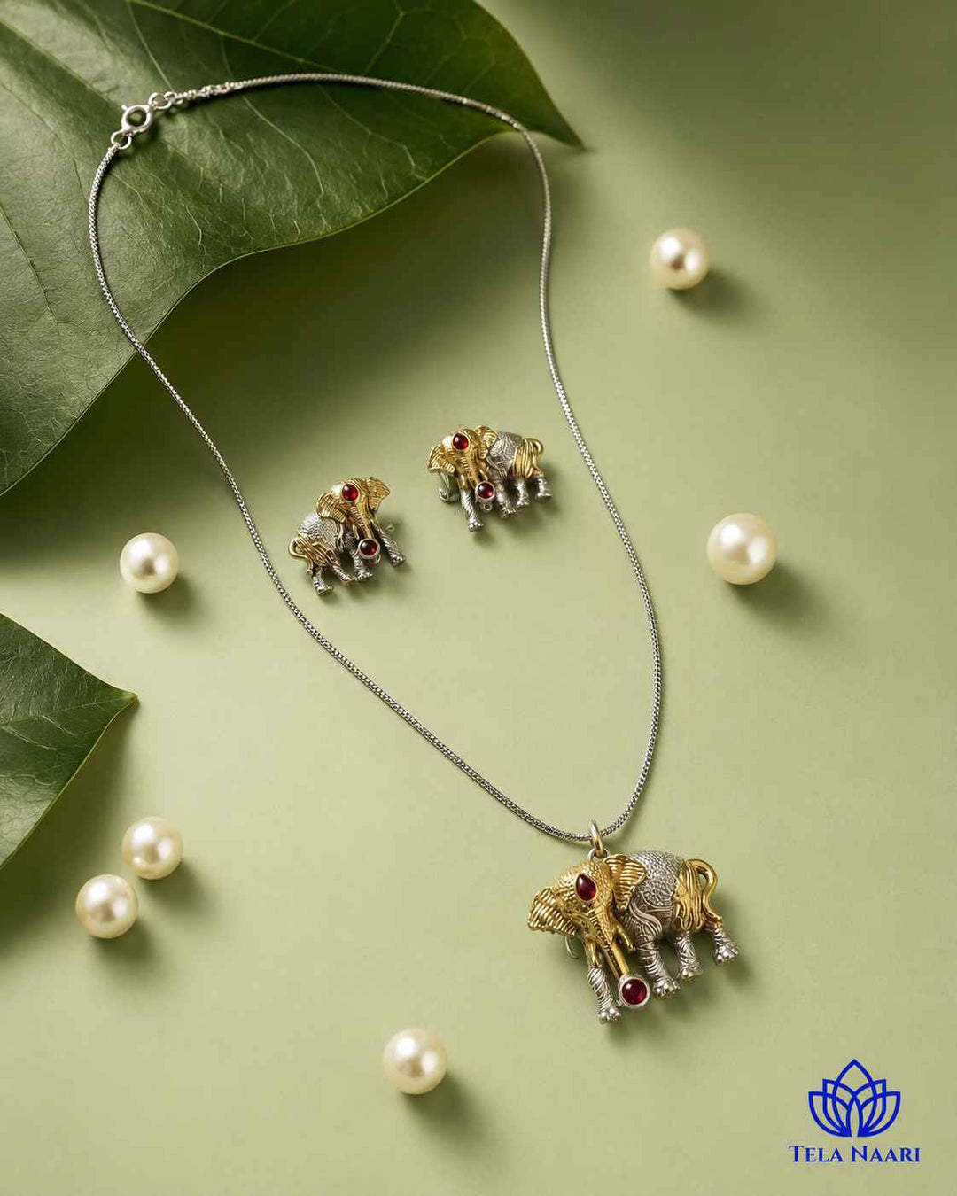 Akshara Elephant Silver Plated Red Stone Necklace Set