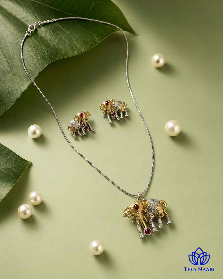 Akshara Elephant Silver Plated Red Stone Necklace Set
