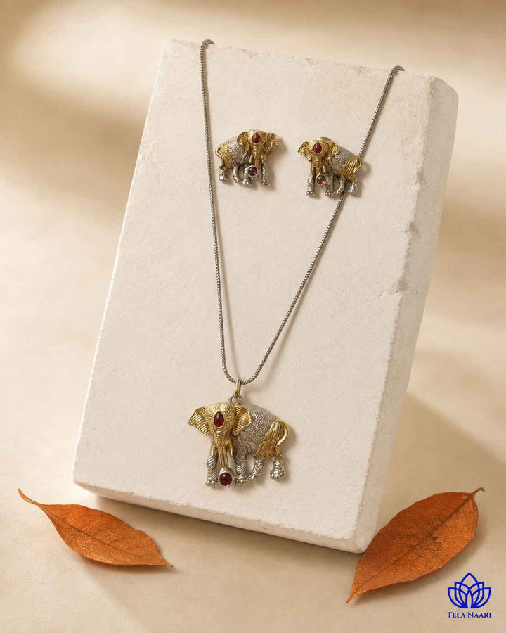 Akshara Elephant Silver Plated Red Stone Necklace Set