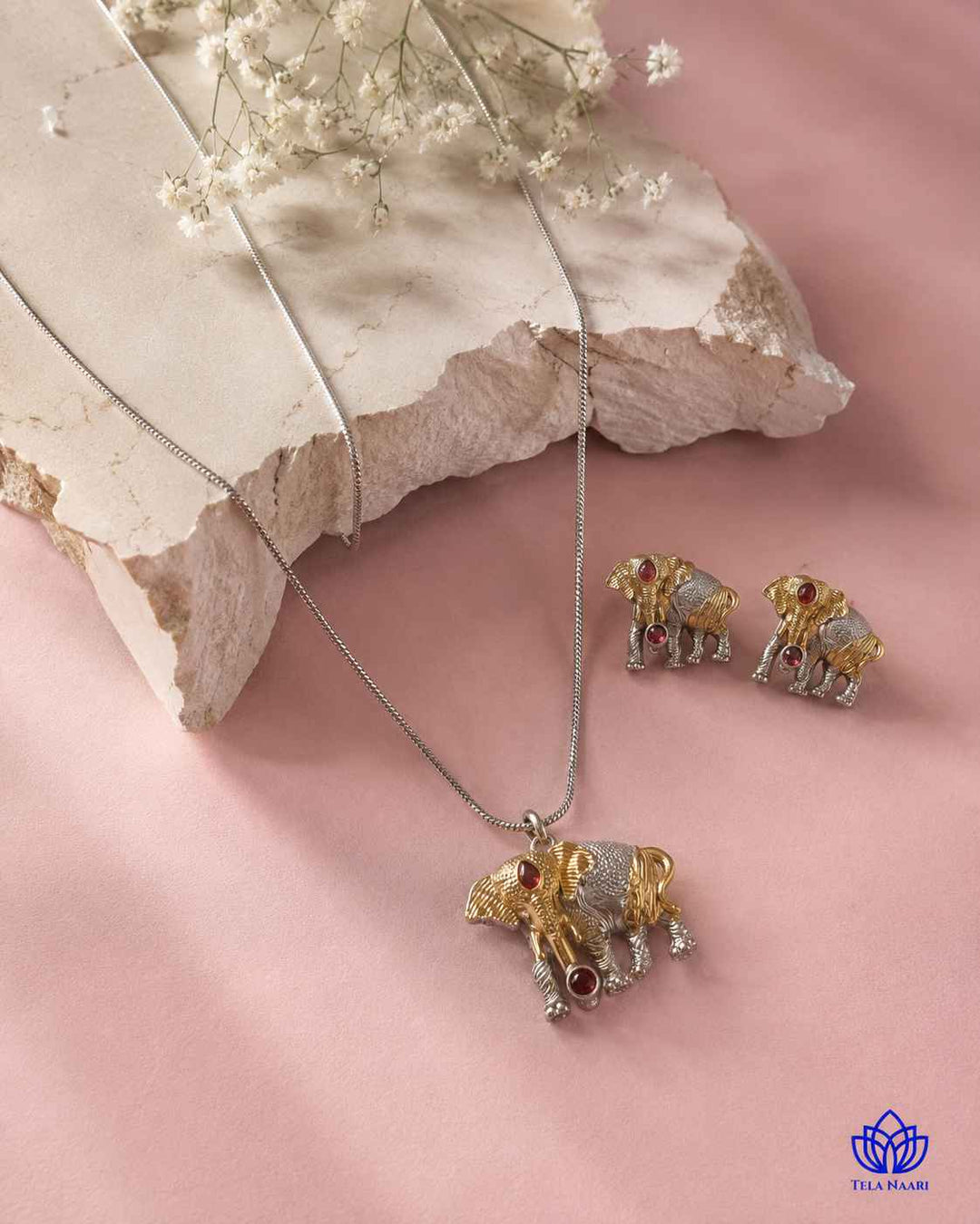 Akshara Elephant Silver Plated Red Stone Necklace Set