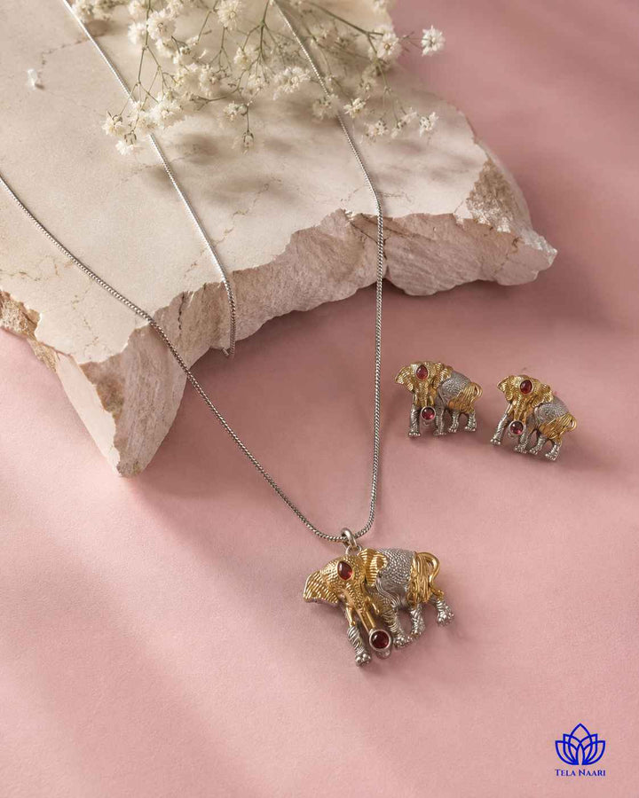 Akshara Elephant Silver Plated Red Stone Necklace Set