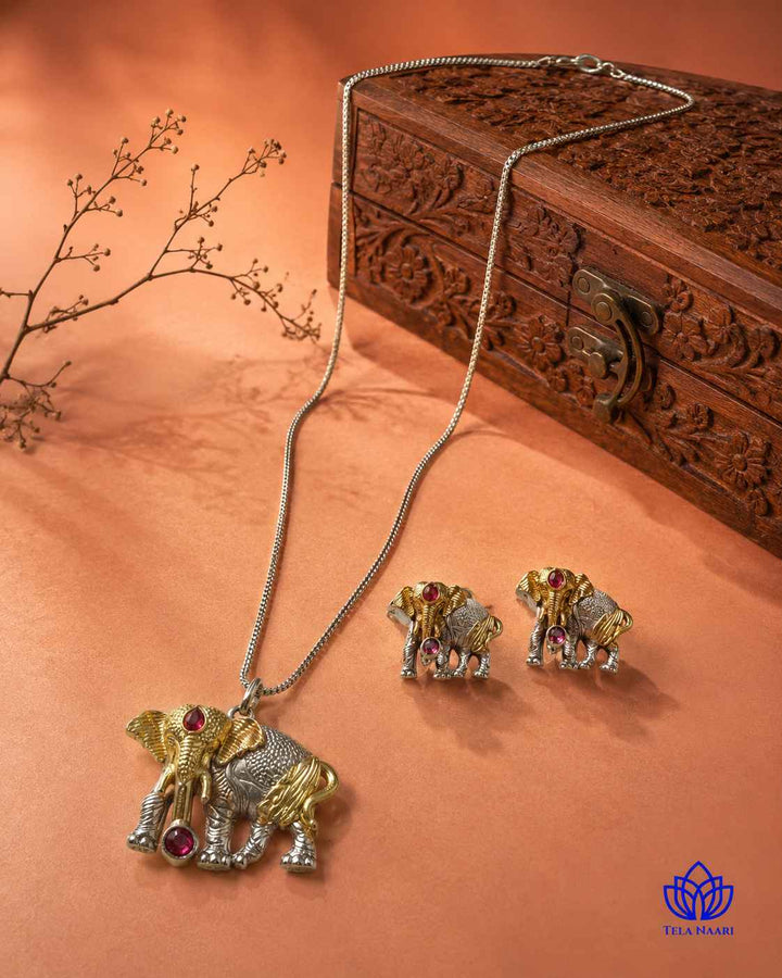 Akshara Elephant Silver Plated Red Stone Necklace Set