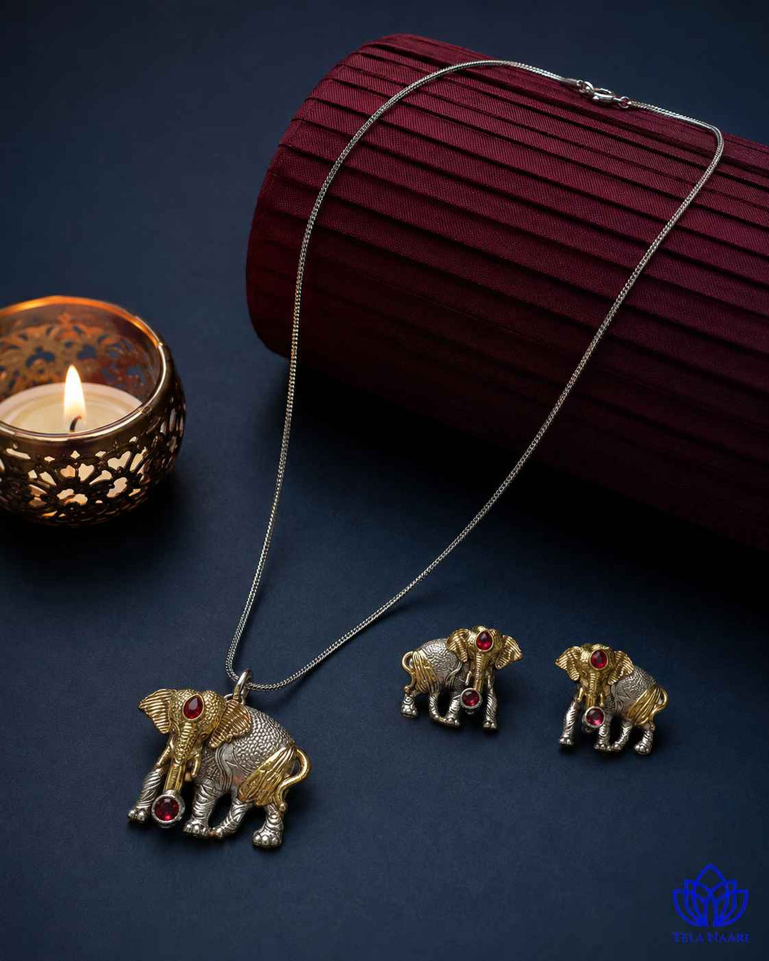 Akshara Elephant Silver Plated Red Stone Necklace Set