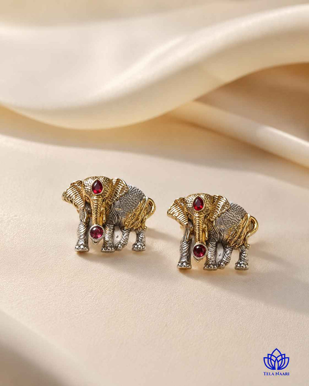 Akshara Elephant Silver Plated Red Stone Necklace Set
