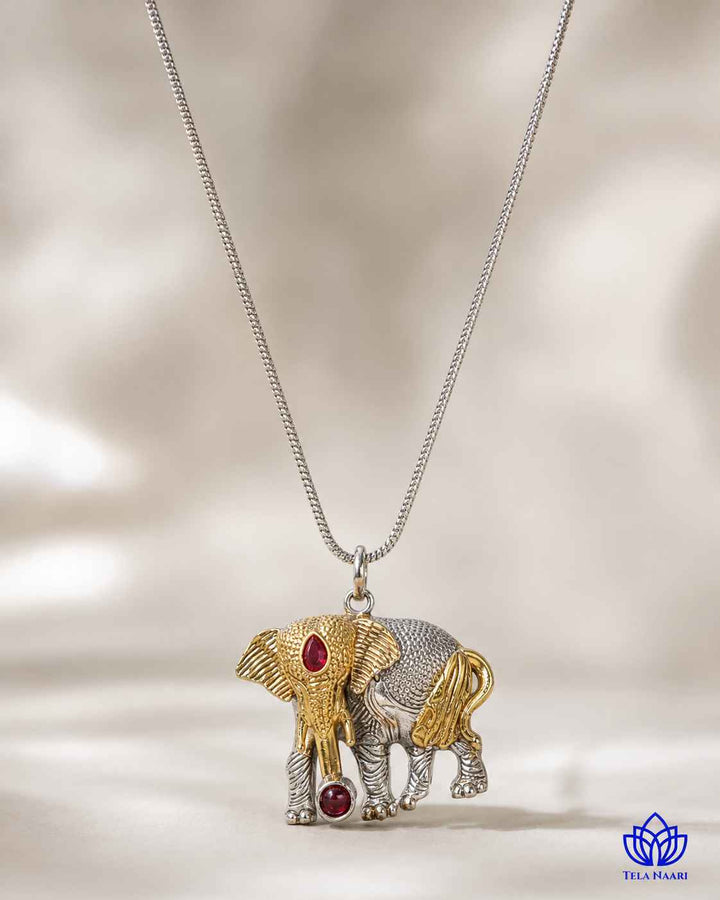 Akshara Elephant Silver Plated Red Stone Necklace Set