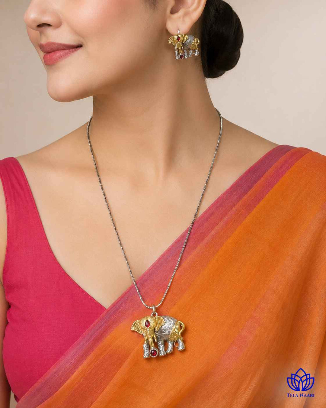 Akshara Elephant Silver Plated Red Stone Necklace Set