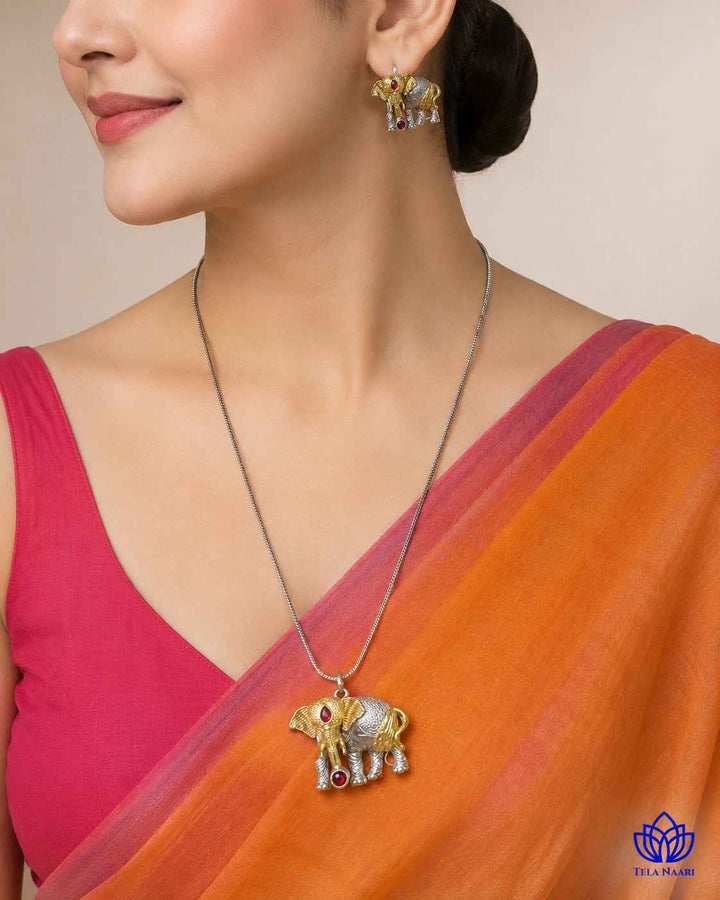 Akshara Elephant Silver Plated Red Stone Necklace Set