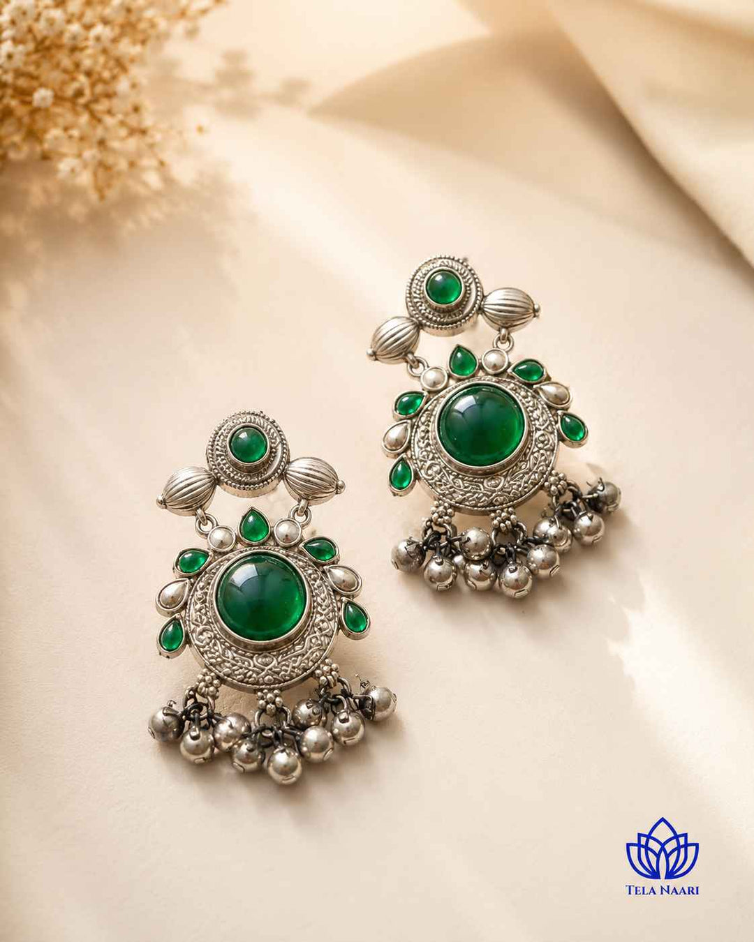 Kajal Silver Plated Green Stone Necklace Set