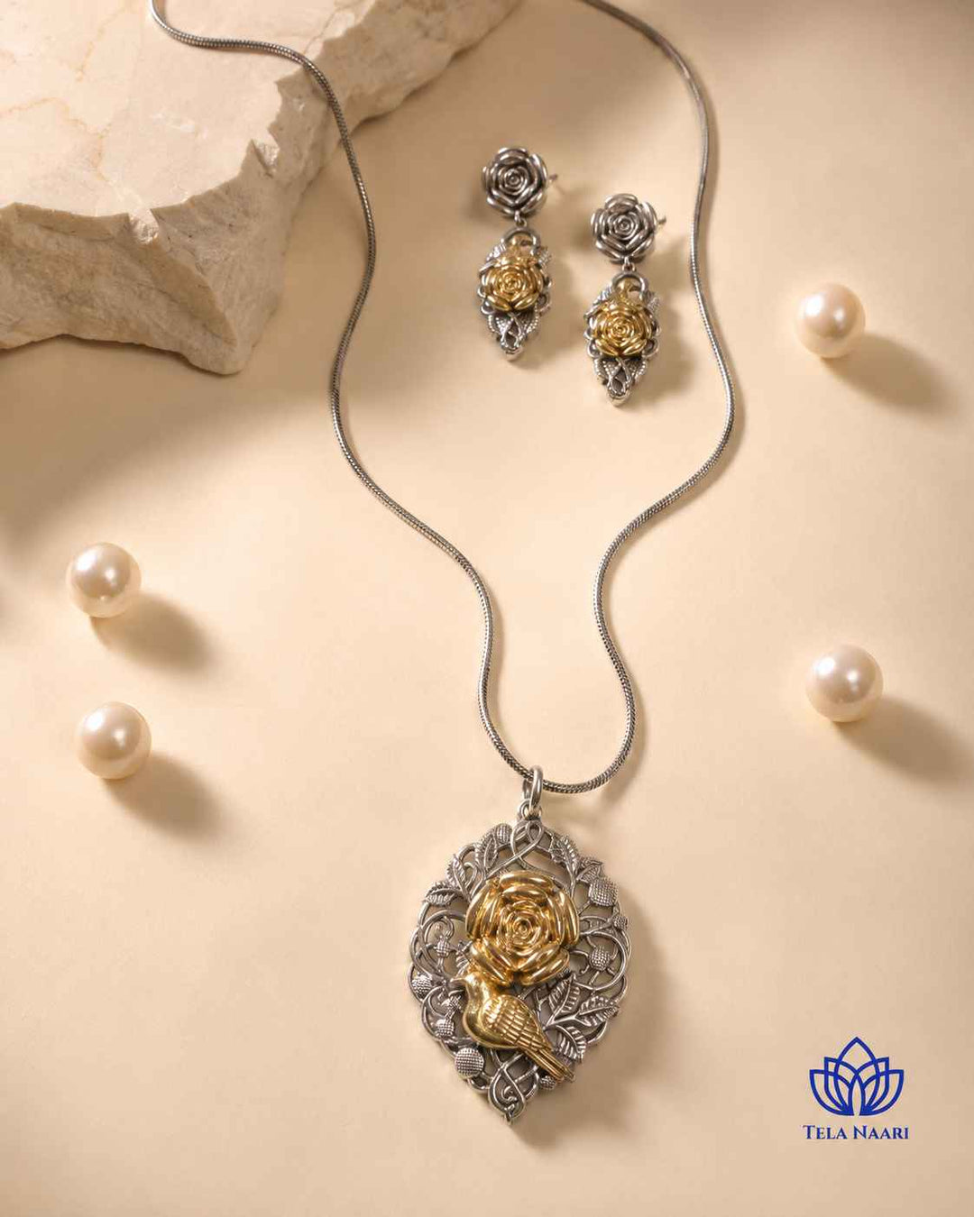 Kavya Dual Tone Rose Petal Necklace Set