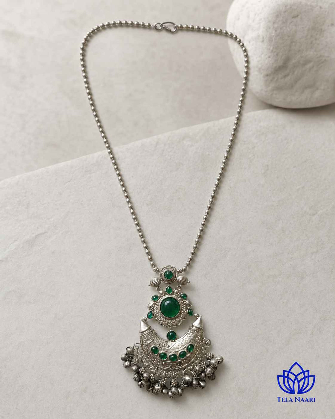 Kajal Silver Plated Green Stone Necklace Set