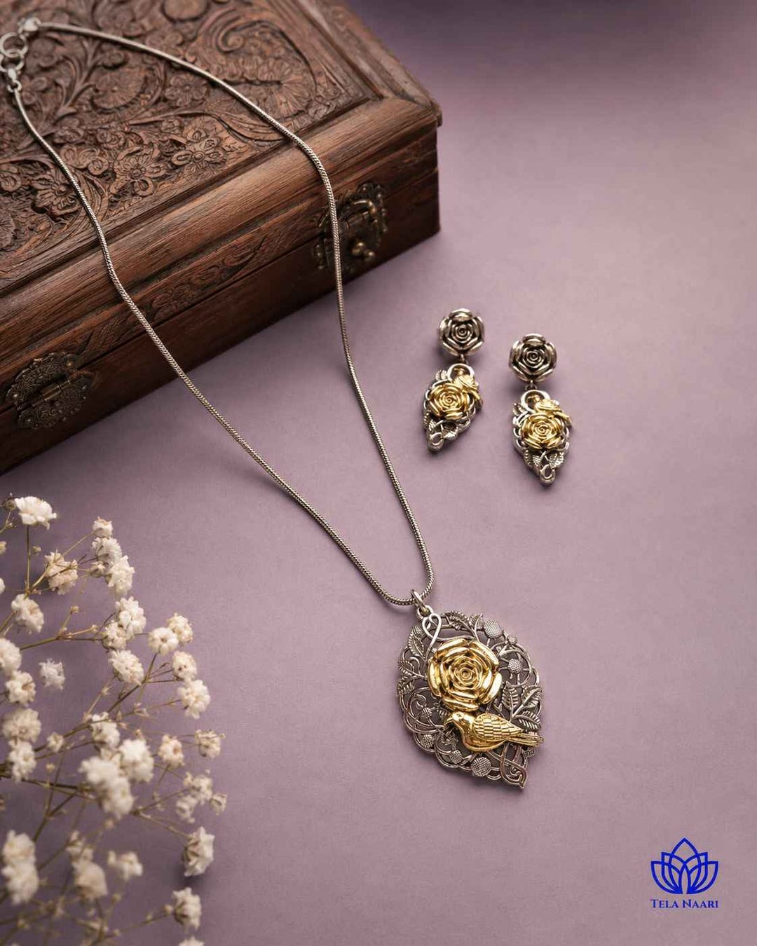 Kavya Dual Tone Rose Petal Necklace Set