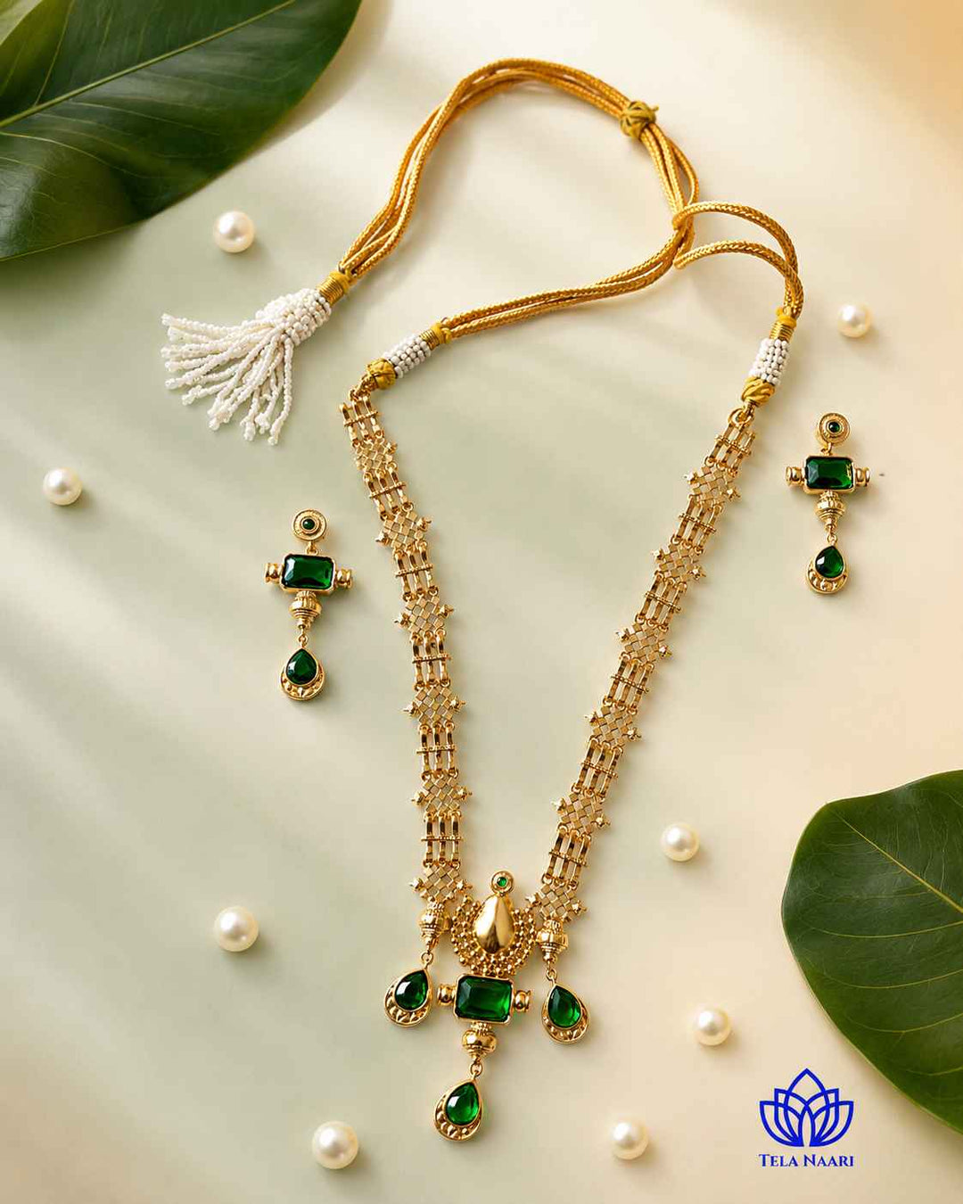 Gautami Gold Plated Green Tear Drop Stone Traditional Necklace Set