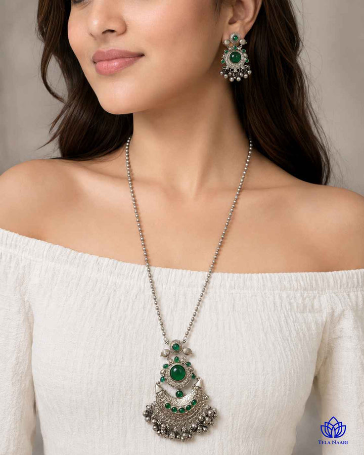 Kajal Silver Plated Green Stone Necklace Set