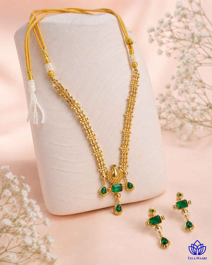 Gautami Gold Plated Green Tear Drop Stone Traditional Necklace Set
